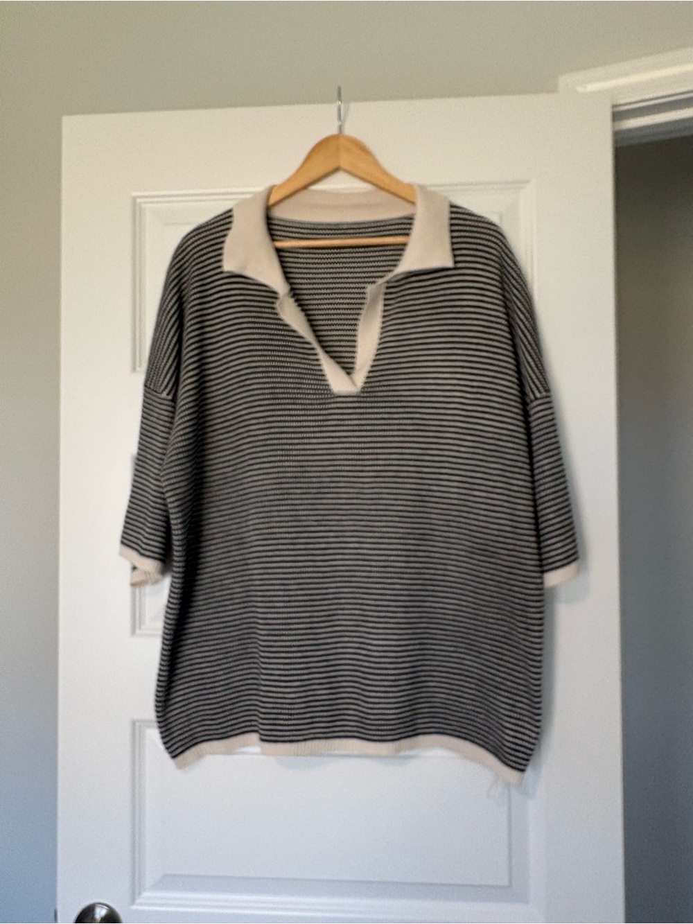Coastal Minimalist Nautical Fisherman Euro Summer Striped Knit Polo Size Large